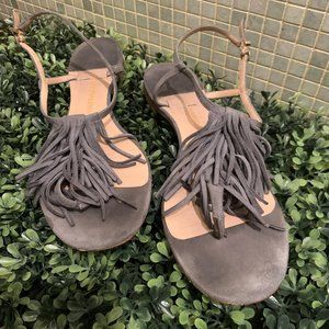 Emporio Armani Grey T-Strap Suede Fringe Sandals